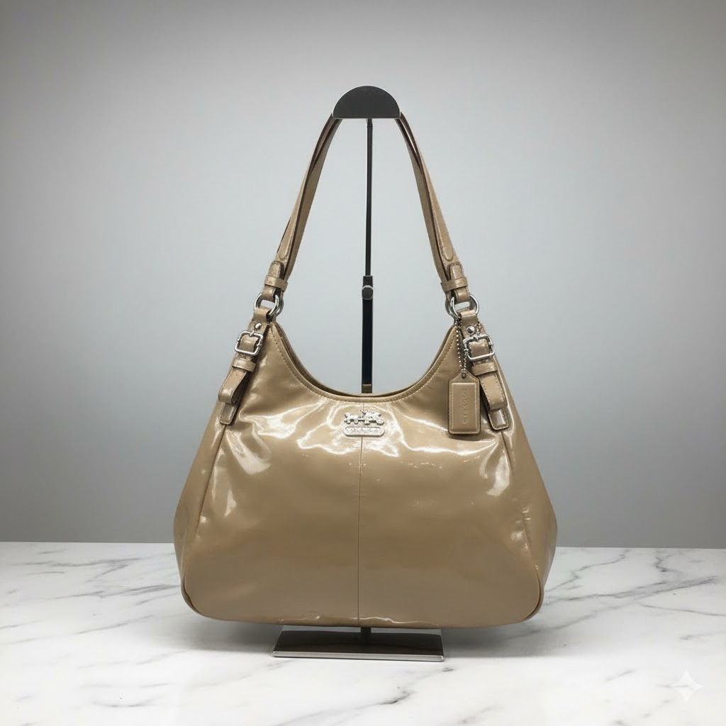 Coach Madison Maggie Gold Patent Leather Hobo Shoulder Bag Euc